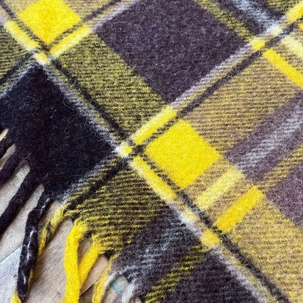 Unbranded Yellow Brown Wool Plaid Checkered Fringe Throw Blanket 46